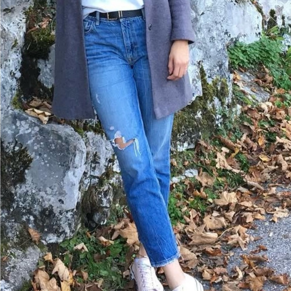 Zara Blue Straight Leg Jeans with Modern Distressing